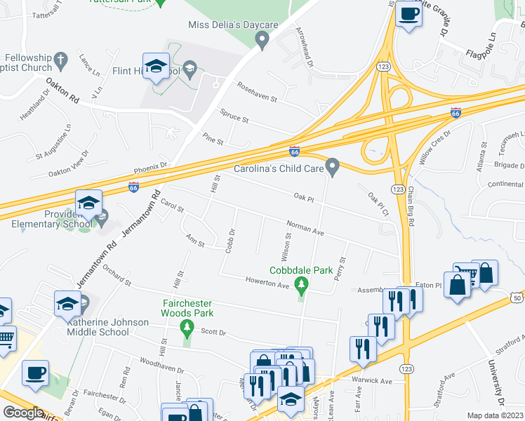 map of restaurants, bars, coffee shops, grocery stores, and more near 10710 Norman Avenue in Fairfax