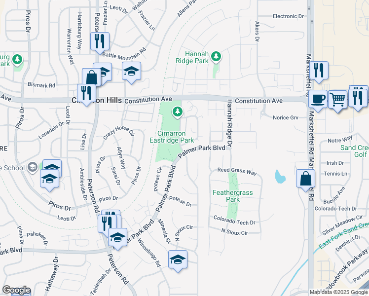 map of restaurants, bars, coffee shops, grocery stores, and more near 2327 Shawnee Drive in Colorado Springs