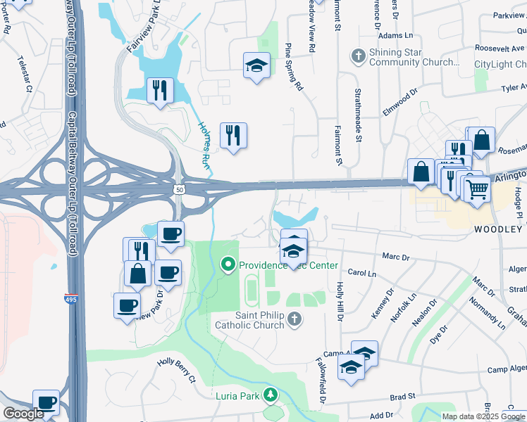 map of restaurants, bars, coffee shops, grocery stores, and more near 7612 Willow Point Drive in Falls Church