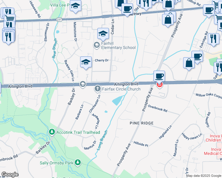 map of restaurants, bars, coffee shops, grocery stores, and more near 8710 Duvall Street in Fairfax