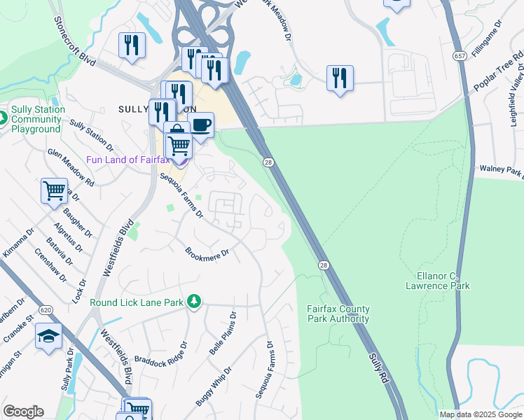 map of restaurants, bars, coffee shops, grocery stores, and more near 5123 Woodfield Drive in Centreville