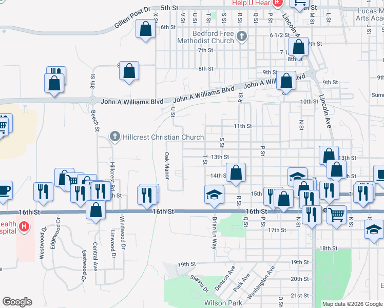 map of restaurants, bars, coffee shops, grocery stores, and more near 2021 13th St in Bedford