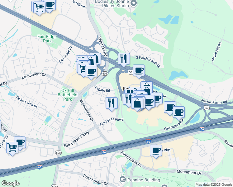 map of restaurants, bars, coffee shops, grocery stores, and more near 4100 Legato Road in Fairfax