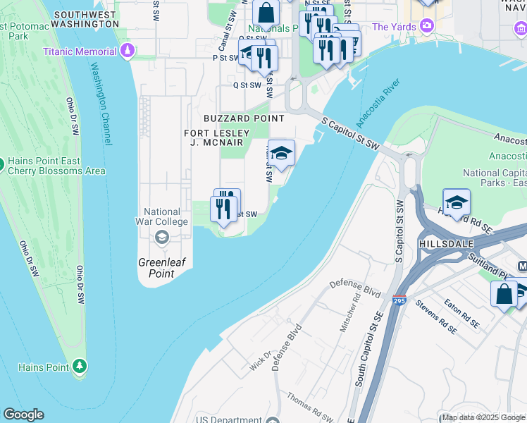 map of restaurants, bars, coffee shops, grocery stores, and more near 1915 Half Street Southwest in Washington