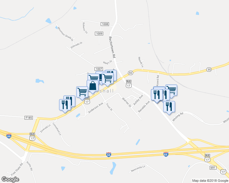 map of restaurants, bars, coffee shops, grocery stores, and more near 8538 Anderson Avenue in Marshall