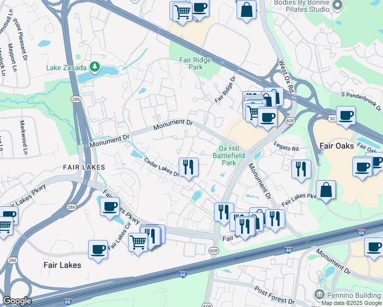 map of restaurants, bars, coffee shops, grocery stores, and more near 4272 Sleepy Lake Drive in Fairfax