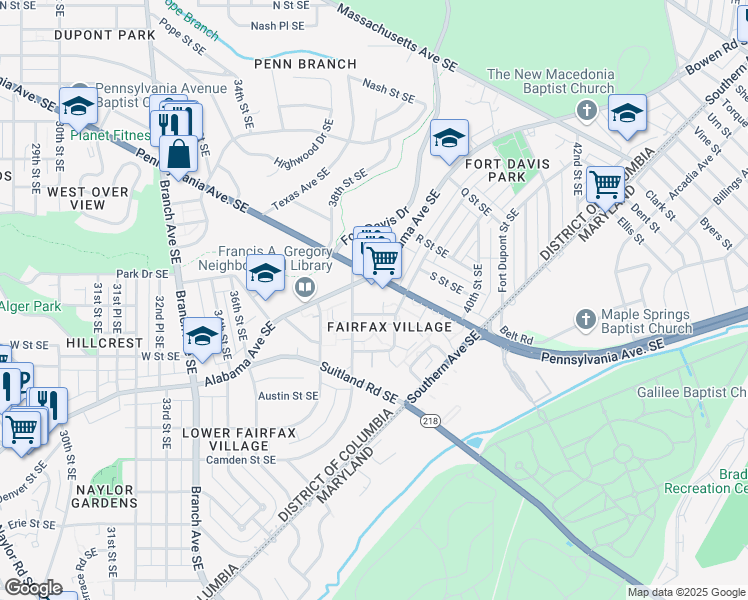 map of restaurants, bars, coffee shops, grocery stores, and more near 3812 V Street Southeast in Washington
