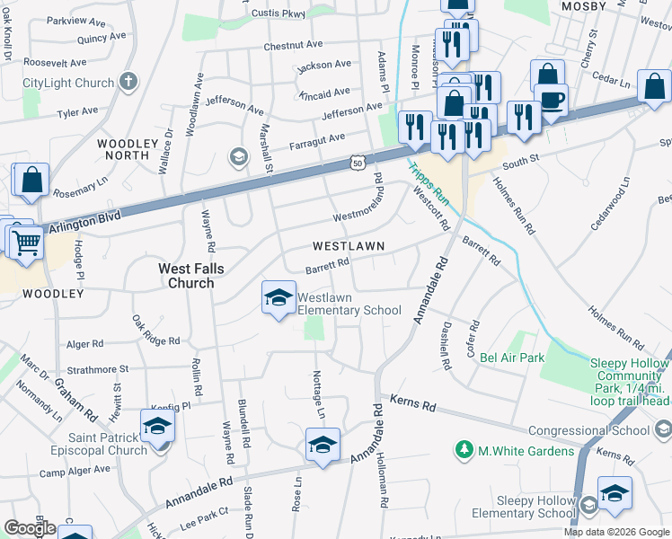 map of restaurants, bars, coffee shops, grocery stores, and more near 6811 Barrett Road in Falls Church