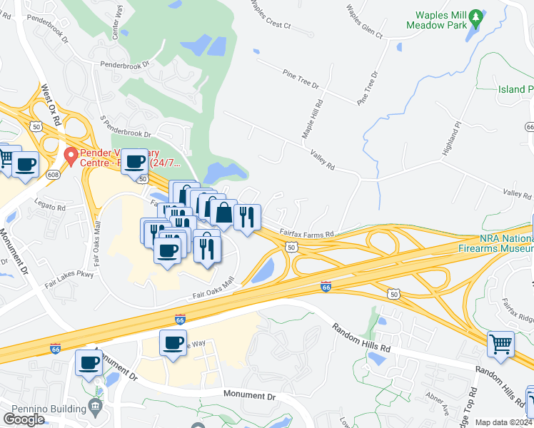 map of restaurants, bars, coffee shops, grocery stores, and more near 3951 Kathryn Jean Court in Fairfax