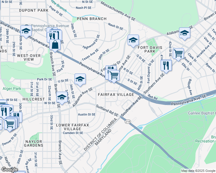 map of restaurants, bars, coffee shops, grocery stores, and more near 2006 38th Street Southeast in Washington