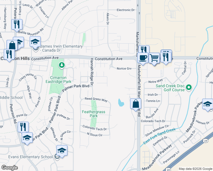 map of restaurants, bars, coffee shops, grocery stores, and more near 7589 Chenoa Court in Colorado Springs