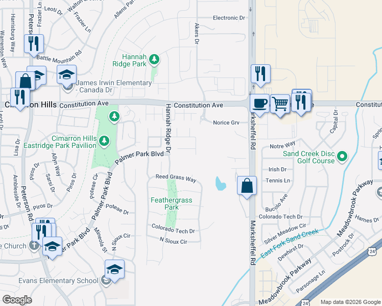 map of restaurants, bars, coffee shops, grocery stores, and more near 7589 Chenoa Court in Colorado Springs