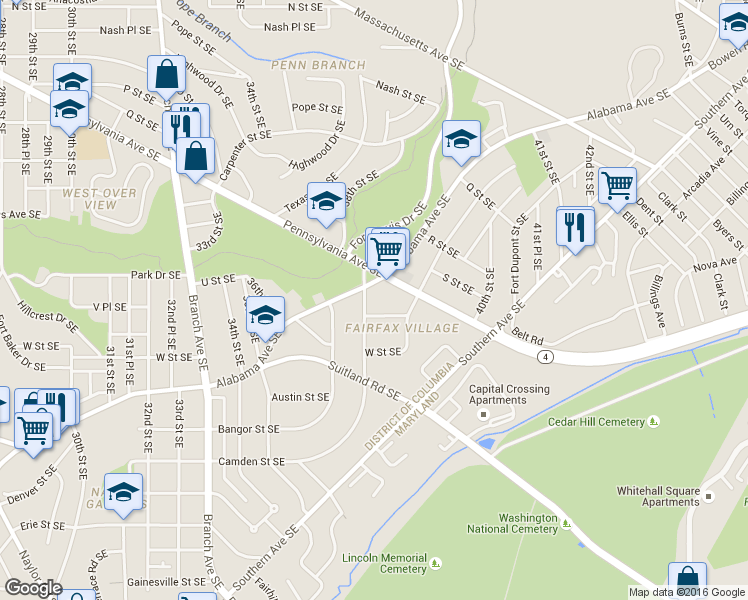 map of restaurants, bars, coffee shops, grocery stores, and more near 2006 38th Street Southeast in Washington