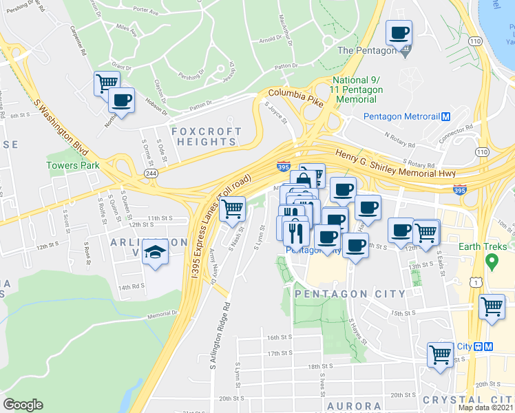 map of restaurants, bars, coffee shops, grocery stores, and more near 1101 South Arlington Ridge Road in Arlington