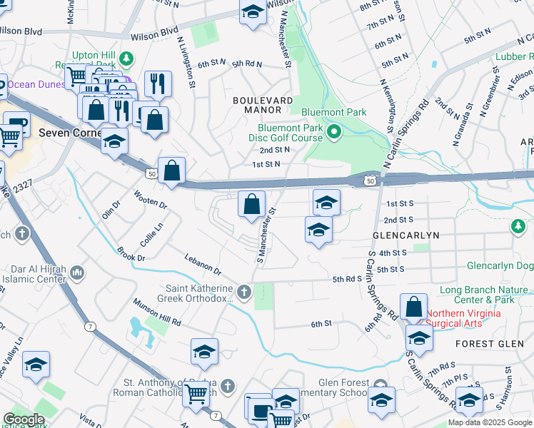map of restaurants, bars, coffee shops, grocery stores, and more near 32 South Manchester Street in Arlington