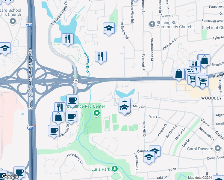 map of restaurants, bars, coffee shops, grocery stores, and more near 7608 Willow Point Drive in Falls Church