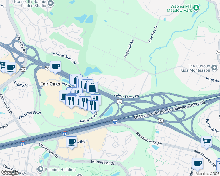 map of restaurants, bars, coffee shops, grocery stores, and more near 3951 Kathryn Jean Court in Fairfax