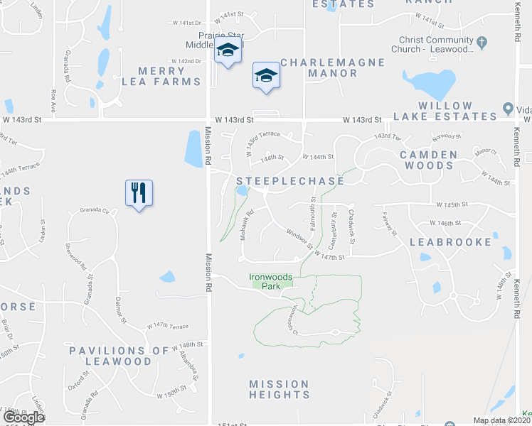 map of restaurants, bars, coffee shops, grocery stores, and more near 14547 Mohawk Road in Leawood