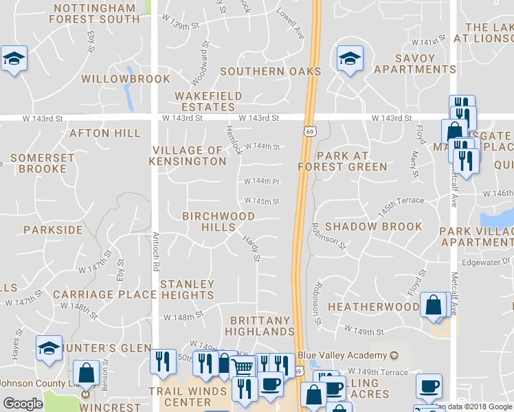 map of restaurants, bars, coffee shops, grocery stores, and more near 8113 West 145th Street in Overland Park