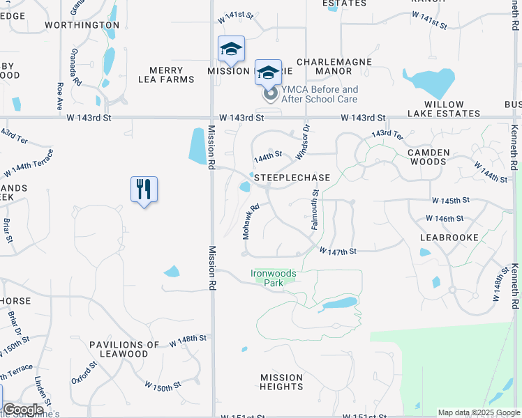 map of restaurants, bars, coffee shops, grocery stores, and more near 14547 Mohawk Road in Leawood