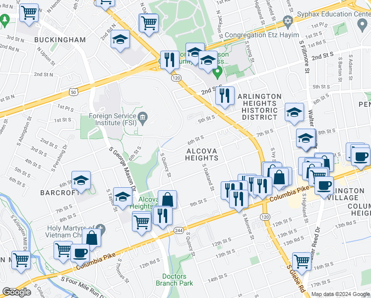 map of restaurants, bars, coffee shops, grocery stores, and more near 3822 6th Street South in Arlington