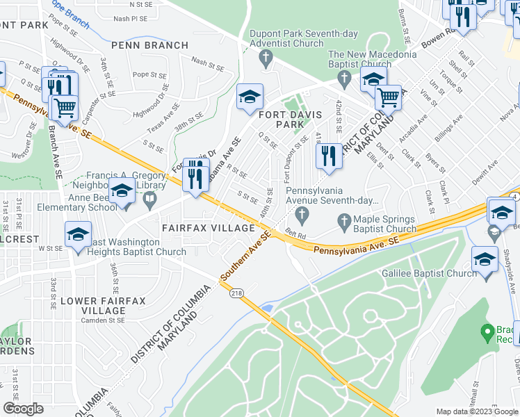 map of restaurants, bars, coffee shops, grocery stores, and more near 3967 S Street Southeast in Washington