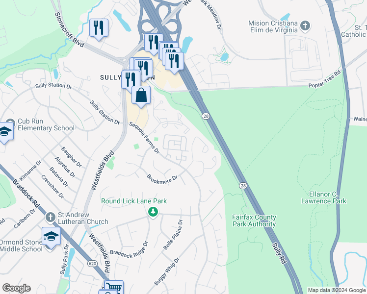 map of restaurants, bars, coffee shops, grocery stores, and more near 14401 Glencrest Circle in Centreville