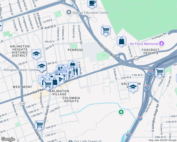 map of restaurants, bars, coffee shops, grocery stores, and more near 2001 Columbia Pike in Arlington