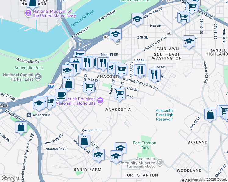 map of restaurants, bars, coffee shops, grocery stores, and more near 1508 V Street Southeast in Washington