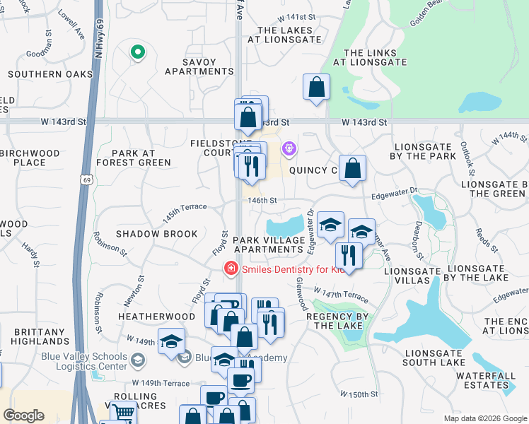map of restaurants, bars, coffee shops, grocery stores, and more near 6812 W 146th Terrace in Overland Park