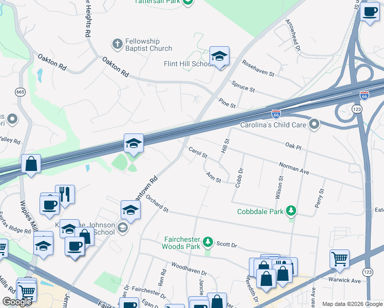 map of restaurants, bars, coffee shops, grocery stores, and more near 10825 Carol Street in Fairfax