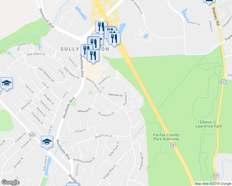 map of restaurants, bars, coffee shops, grocery stores, and more near 5105 Castle Harbor Way in Centreville