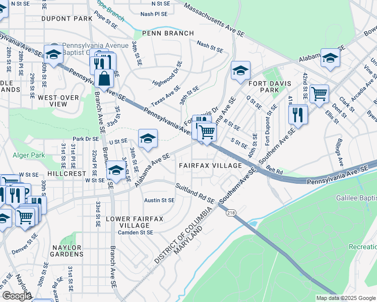 map of restaurants, bars, coffee shops, grocery stores, and more near 2001 38th Street Southeast in Washington