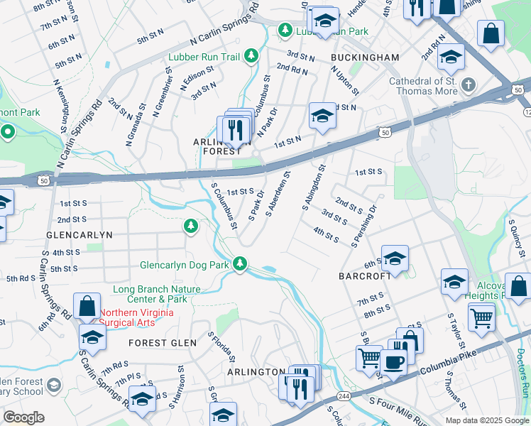 map of restaurants, bars, coffee shops, grocery stores, and more near 56 South Aberdeen Street in Arlington