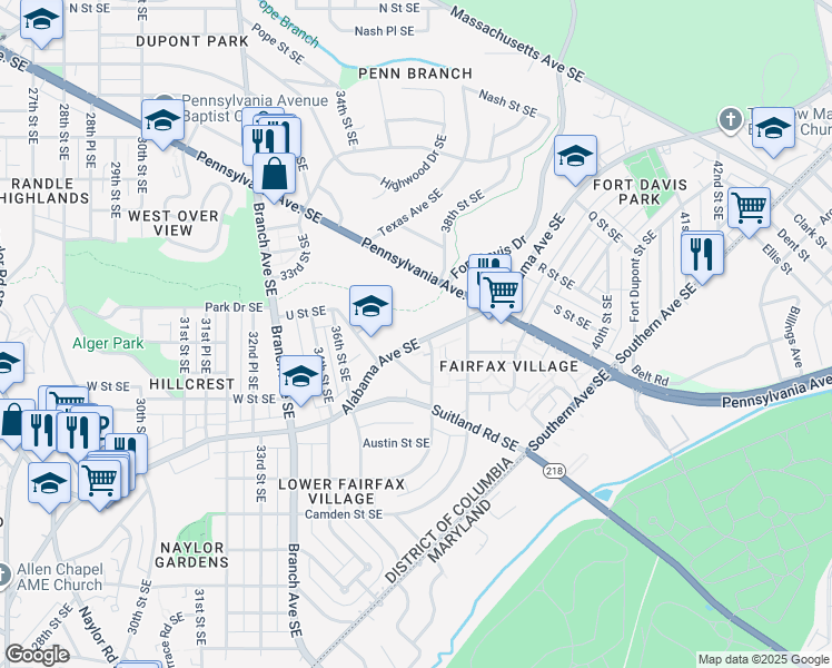 map of restaurants, bars, coffee shops, grocery stores, and more near 3660 Alabama Avenue Southeast in Washington