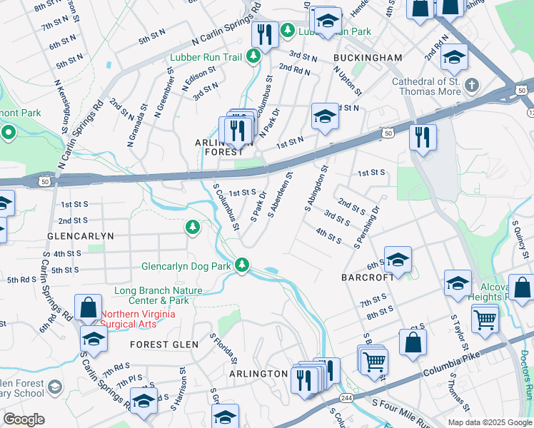 map of restaurants, bars, coffee shops, grocery stores, and more near 56 South Aberdeen Street in Arlington