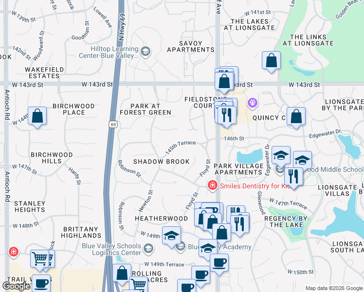 map of restaurants, bars, coffee shops, grocery stores, and more near 7315 West 145th Terrace in Overland Park