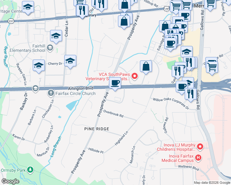 map of restaurants, bars, coffee shops, grocery stores, and more near 8503 Arlington Boulevard in Fairfax