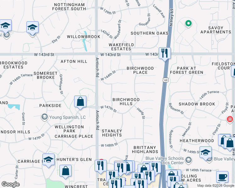 map of restaurants, bars, coffee shops, grocery stores, and more near 8403 West 145th Street in Overland Park