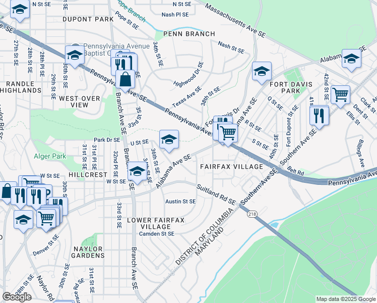 map of restaurants, bars, coffee shops, grocery stores, and more near 3660 Alabama Avenue Southeast in Washington