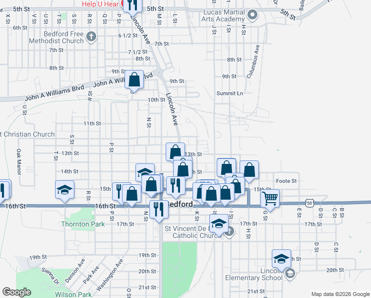 map of restaurants, bars, coffee shops, grocery stores, and more near 1224 L Street in Bedford