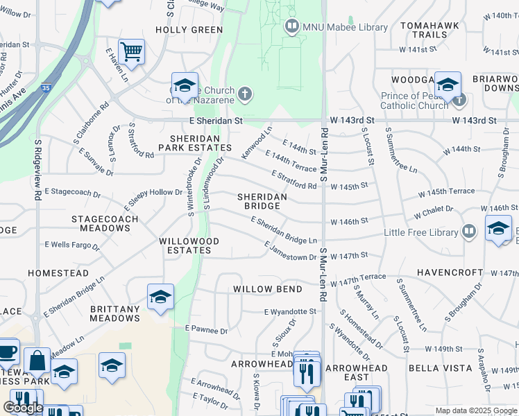 map of restaurants, bars, coffee shops, grocery stores, and more near 1953 East Sleepy Hollow Drive in Olathe