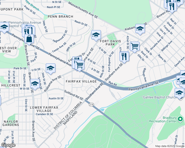 map of restaurants, bars, coffee shops, grocery stores, and more near 3960 Pennsylvania Avenue Southeast in Washington