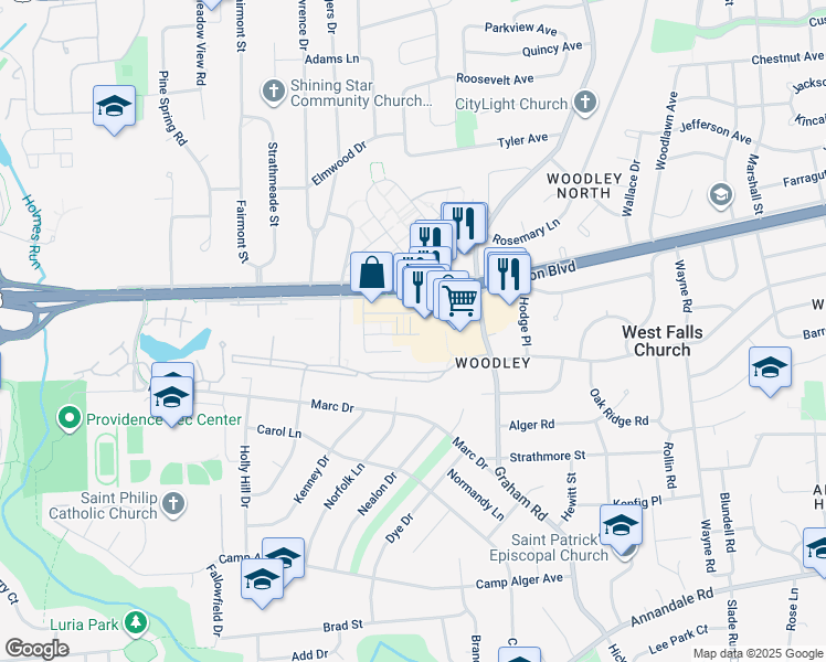 map of restaurants, bars, coffee shops, grocery stores, and more near 3118 Camber Place in Falls Church