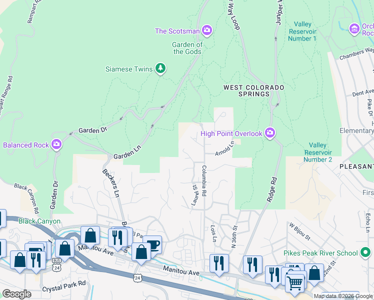 map of restaurants, bars, coffee shops, grocery stores, and more near 8 Studio Place in Colorado Springs