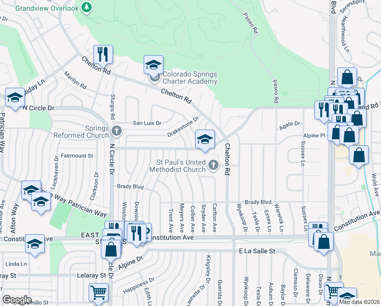 map of restaurants, bars, coffee shops, grocery stores, and more near 2217 Collier Avenue in Colorado Springs