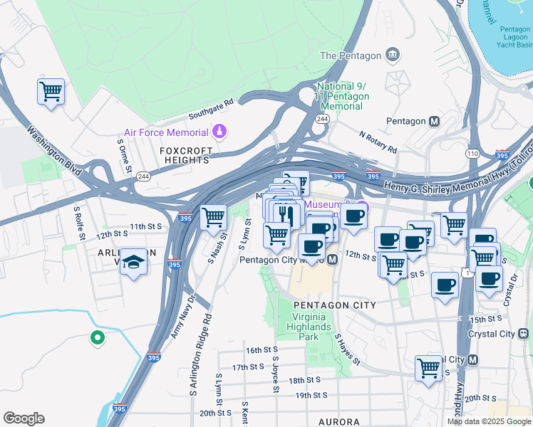 map of restaurants, bars, coffee shops, grocery stores, and more near 1111 Army Navy Drive in Arlington