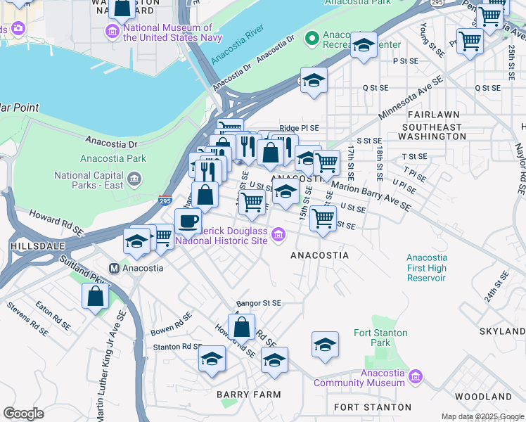 map of restaurants, bars, coffee shops, grocery stores, and more near 2101 14th Street Southeast in Washington