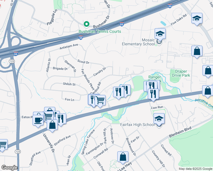 map of restaurants, bars, coffee shops, grocery stores, and more near 10142 Mosby Woods Drive in Fairfax