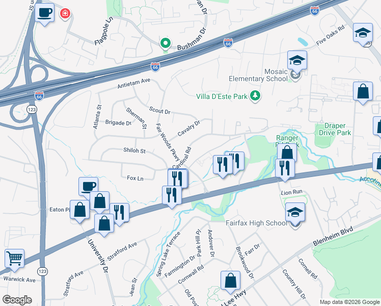 map of restaurants, bars, coffee shops, grocery stores, and more near 10113 Ranger Road in Fairfax